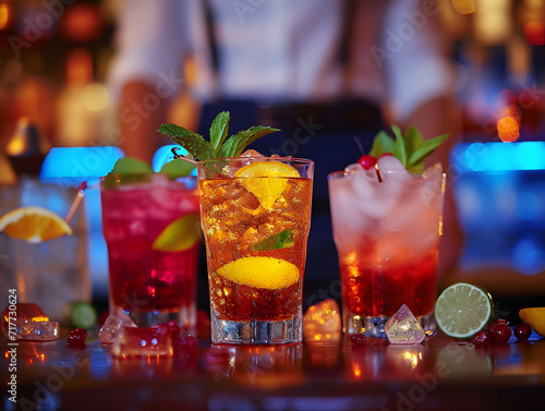 Assorted colorful cocktails on bar counter with bartender in background and vibrant lighting.
