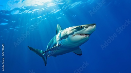 Generative AI : Huge white shark in blue ocean swims under water. Sharks in wild. Marine life underwater in blue ocean. Observation of animal world. Scuba diving adventure in Caribbean, coast of Cuba