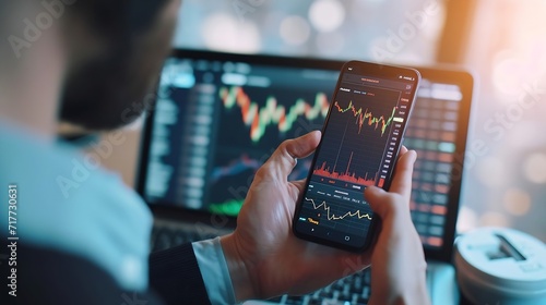 Generative AI : Business man trader investor analyst using mobile phone app analytics