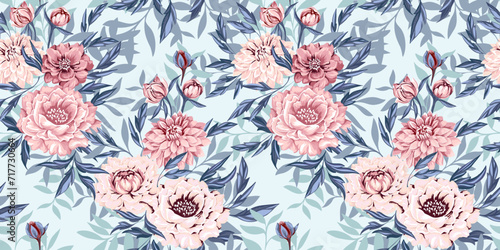 Blooming stylized light floral and stem leaves seamless pattern on a light blue background. Abstract artistic flowers peonies, dahlias and leaf branches printing. Vector drawn illustration plants.
