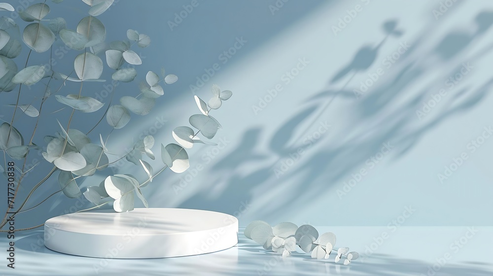 Generative AI : Abstract empty white podium with eucalyptus leaves and shadows on blue background. Generative AI : Abstract empty white podium with eucalyptus leaves and shadows on blue background.