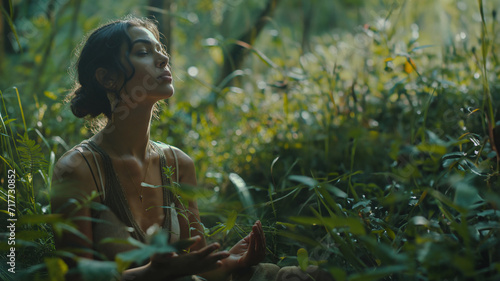 Dreamy green jungle  Woman finding calm and self-soothing in healing nature for meditation and mental health