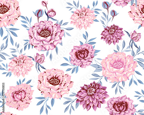 Elegance gently floral with buds and tiny leaves branches seamless pattern on a white background. Abstract artistic stylized flowers peonies, dahlias printing. Vector drawn illustration plants.