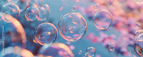 A surreal scene of bubbles in various sizes, each containing a tiny world of love and joy, floating against a serene backdrop