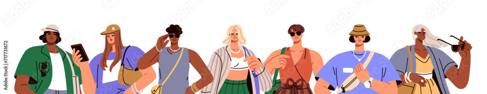 Modern fashion people, banner. Young trendy men and women characters in casual summer apparel, wearing stylish accessories, long horizontal background. Flat vector illustration isolated on white