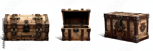 mediaeval opened unlocked and closed locked treasure antique vintage chest with gothic or middle ages pirate crate engravement, old wooden game asset set isolated on transparent png background cutout photo