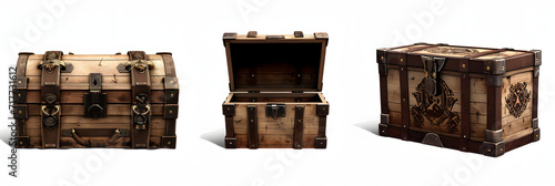 mediaeval opened unlocked and closed locked treasure antique vintage chest with gothic or middle ages pirate crate engravement, old wooden game asset set isolated on transparent png background cutout