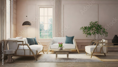 Modern vintage interior of living room - 3D Rendering. Generative AI.