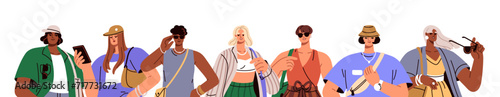 Modern fashion people, banner. Young trendy men and women characters in casual summer apparel, wearing stylish accessories, long horizontal background. Flat vector illustration isolated on white