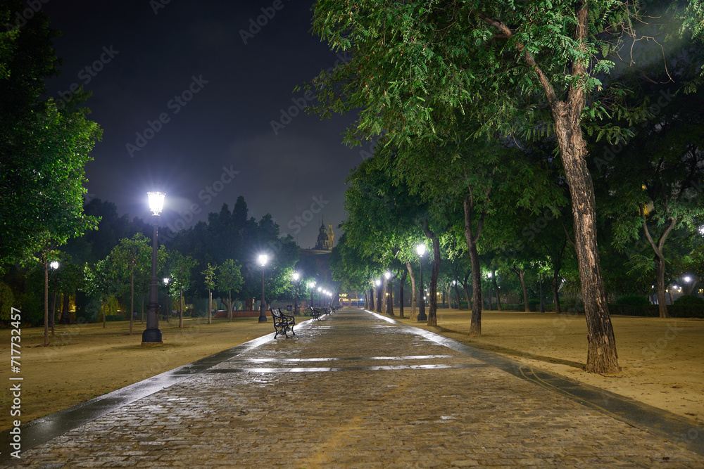 A deserted alley in a park with a stone surface and metal benches on a rainy night