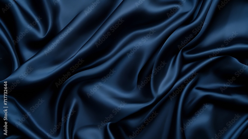 Generative AI : Dark blue silk satin. Soft folds. Fabric. Navy blue luxury background. Space for design.Wavy lines.Banner. Wide.Long. Flat lay, top view table. Beautiful. Elegant. Birthday, Christmas,