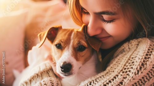 Generative AI : Young woman with her cute Jack Russell Terrier at home. Lovely pet © The Little Hut