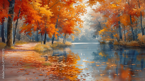 Watercolour style illustration of a lake in a autumn forest