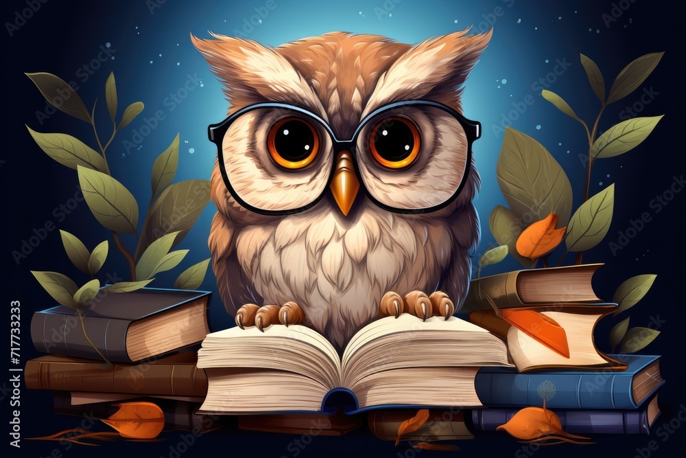 Obraz premium cute owl with glasses in library illustration