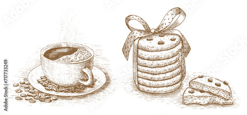 Cup of coffee with cookies drawn by hand