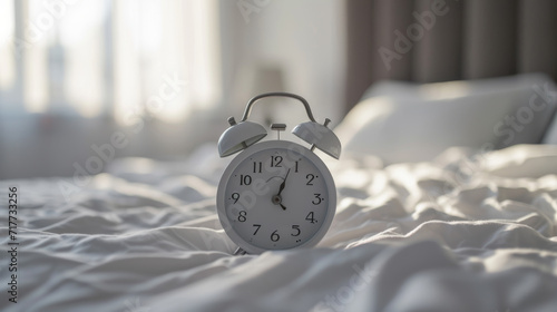 classic white alarm clock is on a bed with white linens, bathed in soft morning light with a blurred background suggesting a bedroom setting