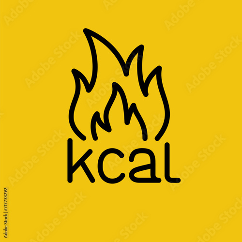 Kcal fire line icon. Kilocalories sign. Calorie burn symbol. Diet black symbol. kcal icon, fat burning. Emblem for food products. Vector illustration flat design. Isolated on white background.