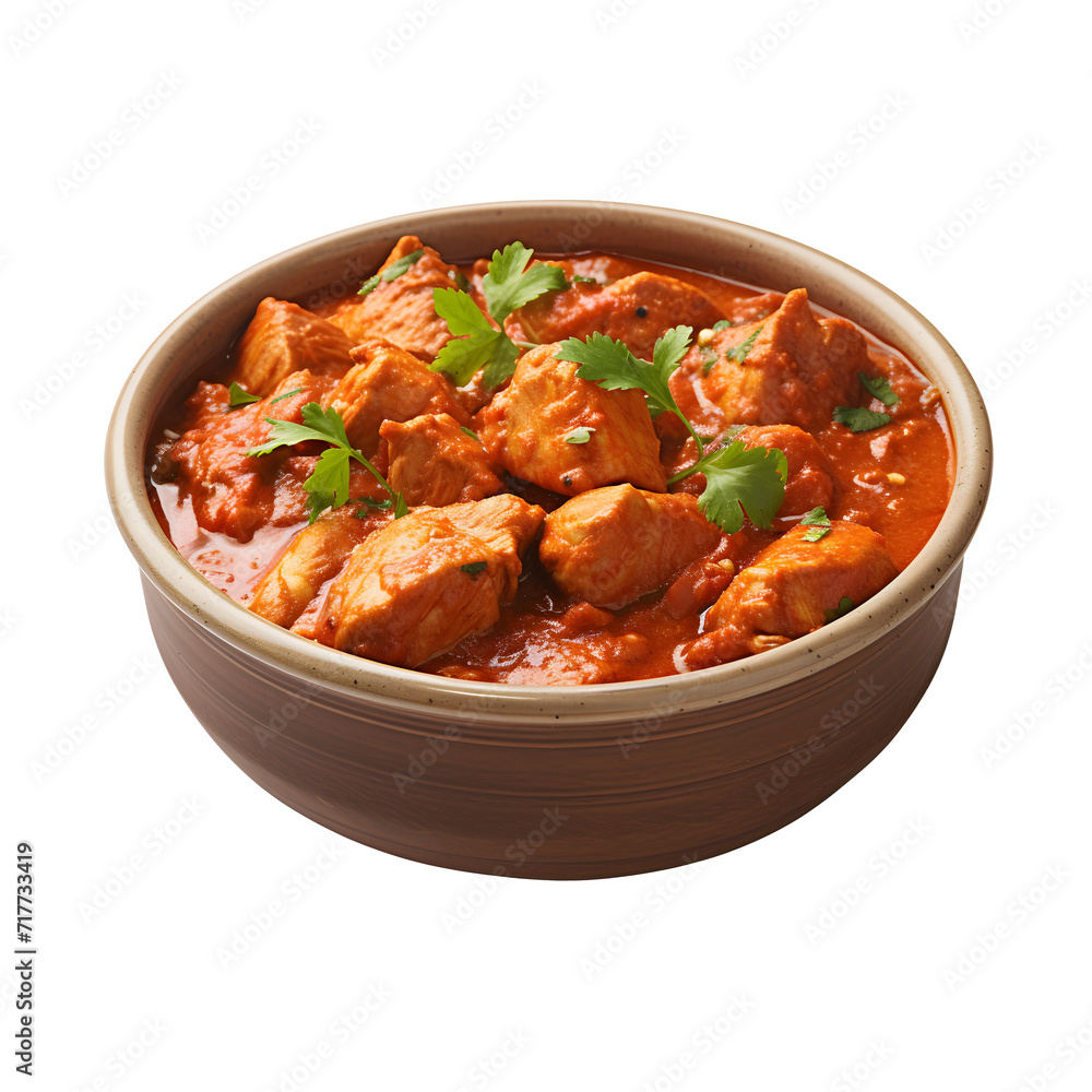 Murgh Makhani / Butter chicken tikka masala served with roti / Paratha and plain rice along with onion salad. selective focus on png background Murgh Makhani / Butter chicken tikka masala served with roti / Paratha and plain rice along with onion salad. selective focus on png background