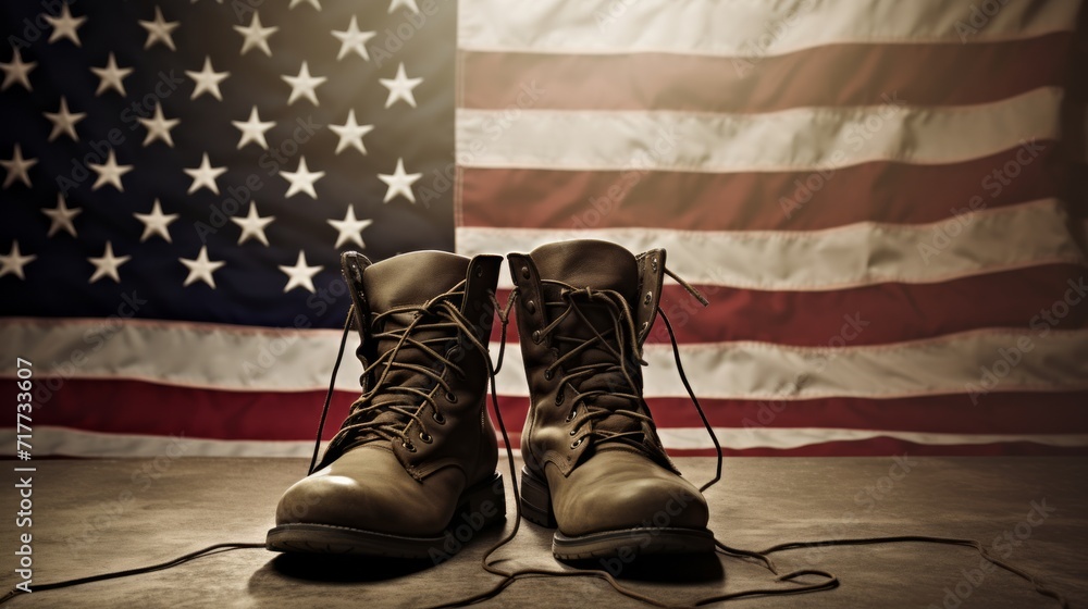 Old combat boots and dog tags with American flag. Neural network AI generated art - obrazy, fototapety, plakaty 