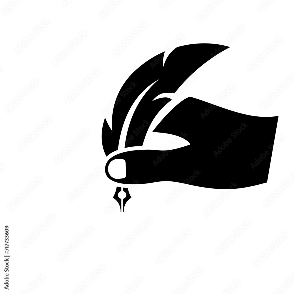 Fountain pen hold in hand black icon. Ink pen flat icon. Vintage pen in hand of poet and artist. Working with literature and creativity. Vector illustration flat design. Isolated on white background. - obrazy, fototapety, plakaty 