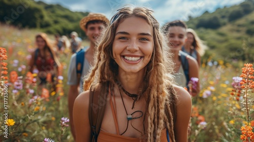 Summer Smiles: A Group of Hipsters Enjoy a Sunny Day in the Flower Field Generative AI