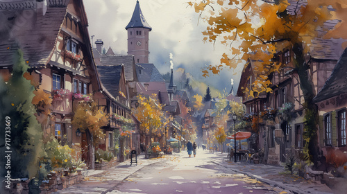 Oil painting style illustration of a street in an european vintage town
