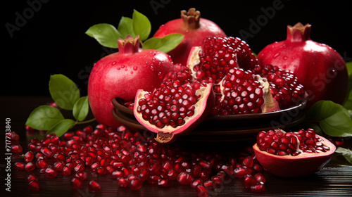 Pieces of ripe pomegranate fruit close up on a dar