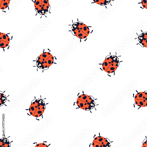 Ladybugs pattern. Seamless ladybirds background, repeating print. Lady bugs, dotted beetles, endless texture design for wallpaper. Flat vector illustration for wrapping, fabric, textile and decoration
