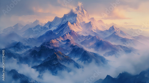 Oil painting style illustration of a majestic misty mountain landscape 