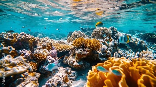 Generative AI : Underwater colorful coral with tropical fish in shallow water, Pacific ocean, Huahine, French Polynesia photo