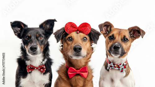 banner three dogs celebrating valentine's day with a red ribbon on head and a heart shape diadem and bowtie. isolated against white background. generative ai