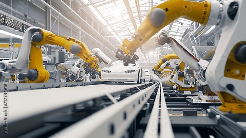 Generative AI : Car Factory 3D Concept: Automated Robot Arm Assembly Line Manufacturing High-Tech Green Energy Electric Vehicles. Automatic Construction, Building, Welding Industrial Production Convey