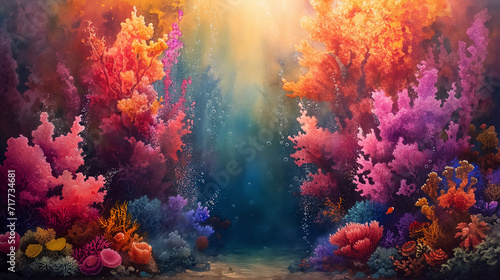 Watercolour stlye illustration of an aquatic underwater world with colourful corals photo