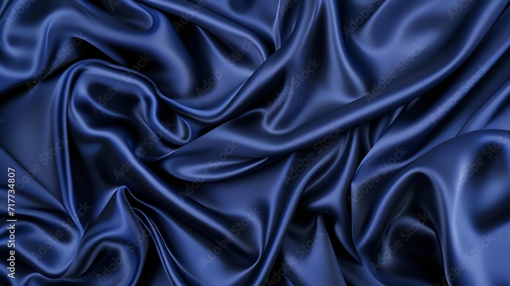 Obraz premium Generative AI : Dark blue silk satin. Soft folds. Fabric. Navy blue luxury background. Space for design.Wavy lines.Banner. Wide.Long. Flat lay, top view table. Beautiful. Elegant. Birthday, Christmas,