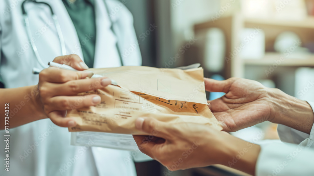 Person in a lab coat receiving a package from another person, representing a delivery or transfer of goods, possibly medical supplies or documents, in a healthcare setting. Person in a lab coat receiving a package from another person, representing a delivery or transfer of goods, possibly medical supplies or documents, in a healthcare setting.