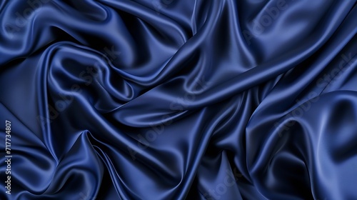 Generative AI : Dark blue silk satin. Soft folds. Fabric. Navy blue luxury background. Space for design.Wavy lines.Banner. Wide.Long. Flat lay, top view table. Beautiful. Elegant. Birthday, Christmas,