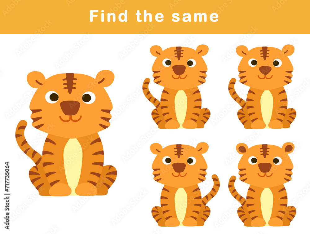 Find same picture worksheet for kids. Worksheet for kids kindergarten, preschool and school age. Education game for children with cute tiger illustration. Find same picture worksheet for kids. Worksheet for kids kindergarten, preschool and school age. Education game for children with cute tiger illustration.