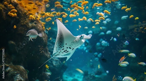 Generative AI : Manta ray floating underwater among other fish photo