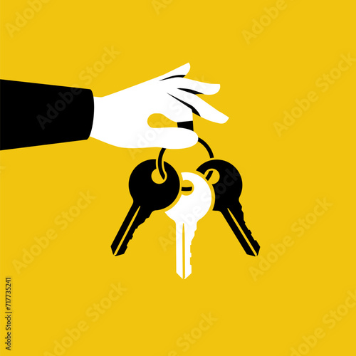 Black silhouette hand holding key with a blank key fob. Handing key to home. Vector illustration flat design. Blank tag and keys. Keychain template with hotel number.