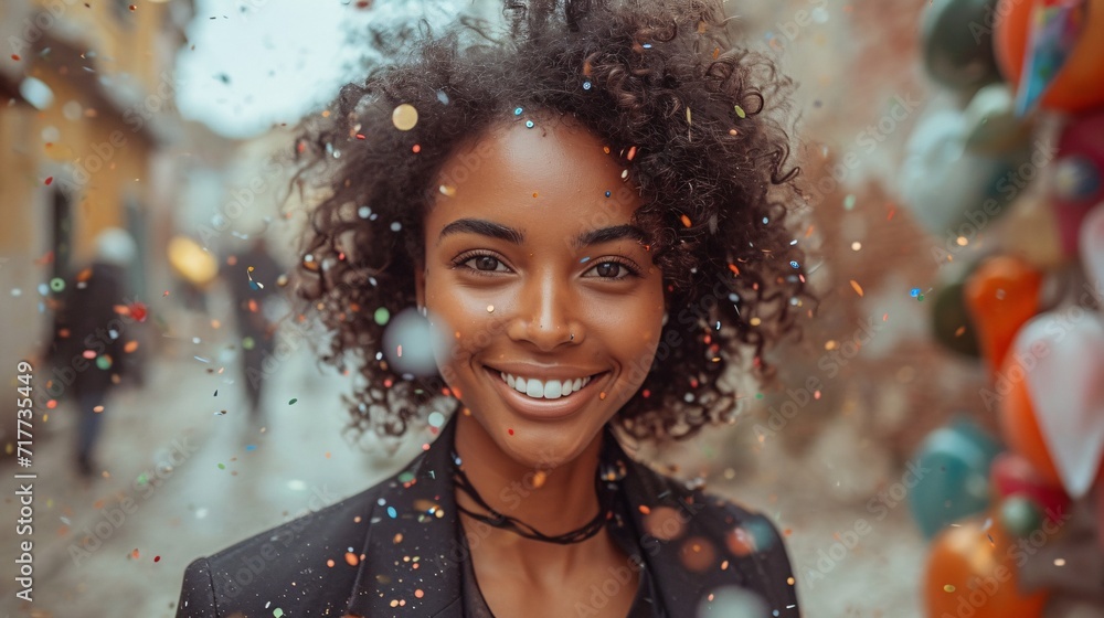 Celebrate Diversity: Black Woman Smiling in Colorful Confetti Generative AI
