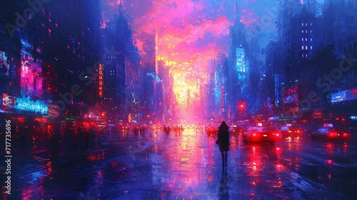 NYC Nightlife: A Vibrant Cityscape in Rainy Conditions Generative AI