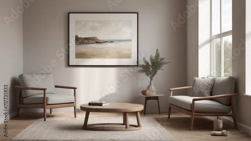 A beautifully weathered wooden coffee table sits elegantly next to a cozy armchair, positioned near a large window that bathes the room in natural light