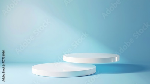Generative AI   Two empty round white platforms stacked on top of each other  decorated on blue background. 