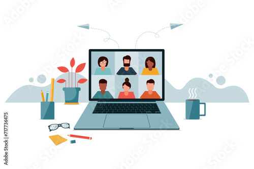 Remote video conferencing running on a laptop computer. Businesses talk on the internet. Online meeting. Quick and easy teleconferencing. Social distancing concept. Vector illustration in flat style