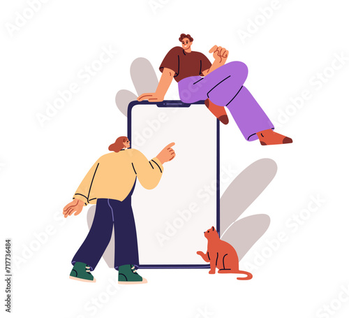 Tiny people and cute cat at mobile phone screen mockup. Man and woman, pet owners use big smartphone, blank cell display, touchscreen. Flat graphic vector illustration isolated on white background