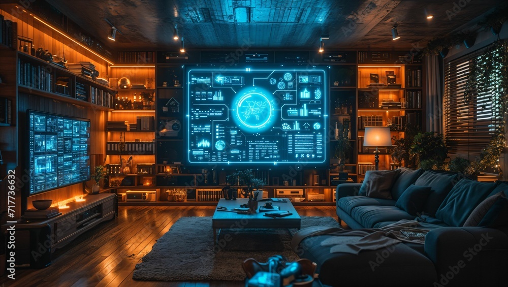 modern living room and smart home interface, blue digital network line and icon hologram, smart home concept modern living room and smart home interface, blue digital network line and icon hologram, smart home concept