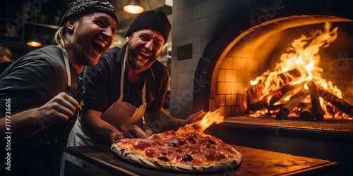 Cheerful chefs baking authentic pizza in a wood-fired oven. joy of cooking, artisanal food preparation. AI