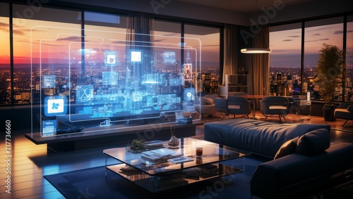 modern living room and smart home interface, blue digital network line and icon hologram, smart home concept © akarawit