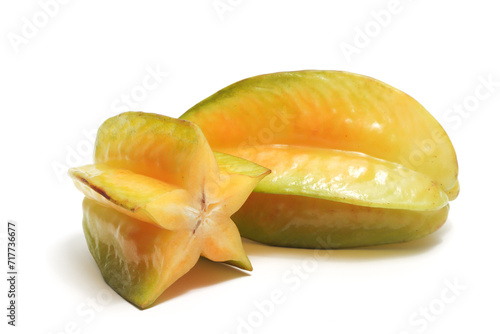 Half cut and whole fresh organic star fruit delicious isolated on white background clipping path