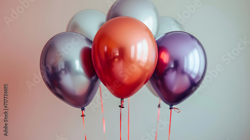 Bunch of red and silver helium balloons against a soft-focus background, festive decoration concept.